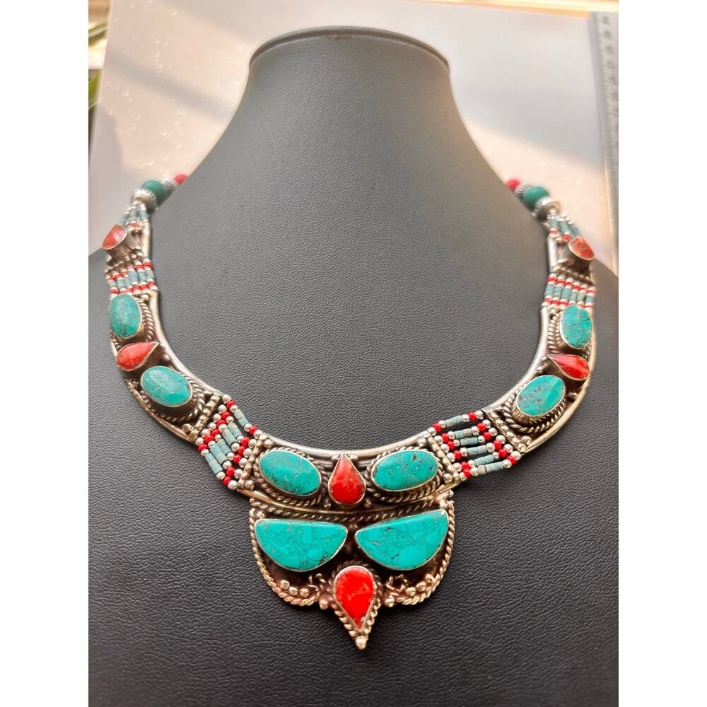 925 Sterling Tibetan Turquoise & Red Coral Necklace 19" - Picture 2 of 11